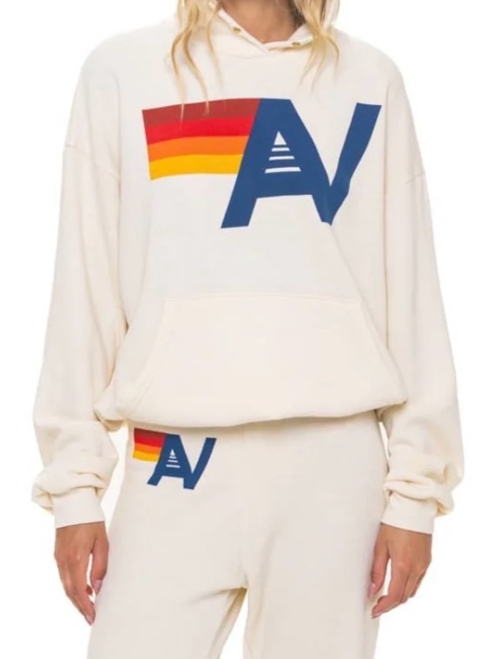 Aviator Nation Cream Crewneck Sweatshirt with Blue Logo & Rainbow Stripes